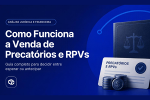 Banner informativo com fundo em tons de azul escuro e elementos gráficos circulares. À esquerda, dentro de uma moldura arredondada, aparece o selo “ANÁLISE JURÍDICA E FINANCEIRA”. Logo abaixo, em letras grandes e brancas, está o título: “Como Funciona a Venda de Precatórios e RPVs”. O subtítulo diz: “Guia completo para decidir entre esperar ou antecipar”.